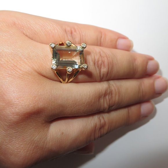 Natural Prasiolite Green Quartz Natural Diamonds 14K Yellow Gold Cocktail Ring - Picture 12 of 12